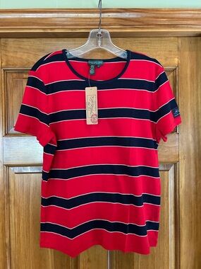 Lauren Jeans Company Red and Navy Striped Short Sleeve Tee